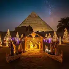 Christmas lights at the Pyramids of Giza during a nile cruise luxor to nile cruise luxor to aswan, luxury nile river cruise