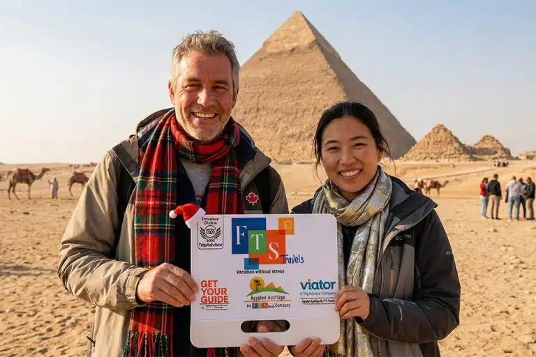 Tourists visiting the Pyramids of Giza during a christmas tour
