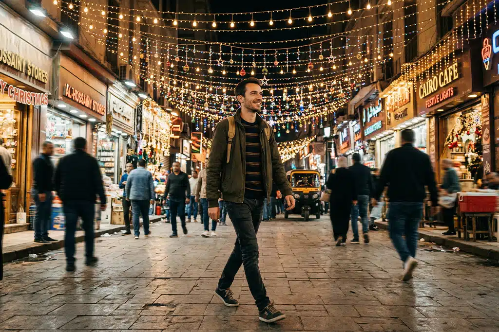 Cairo street decorated with festive lights christmas light tour, christmas lights trolley tour