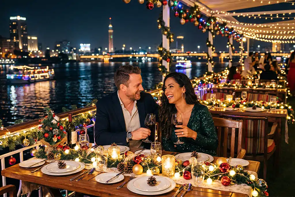 Couple enjoying a festive dinner on a Nile cruise christmas light tour, christmas bus tours