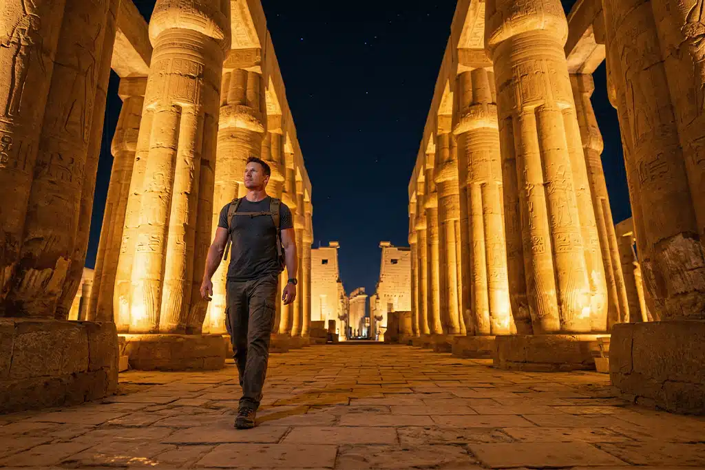Walking through Luxor Temple christmas light tour, christmas light tours near me