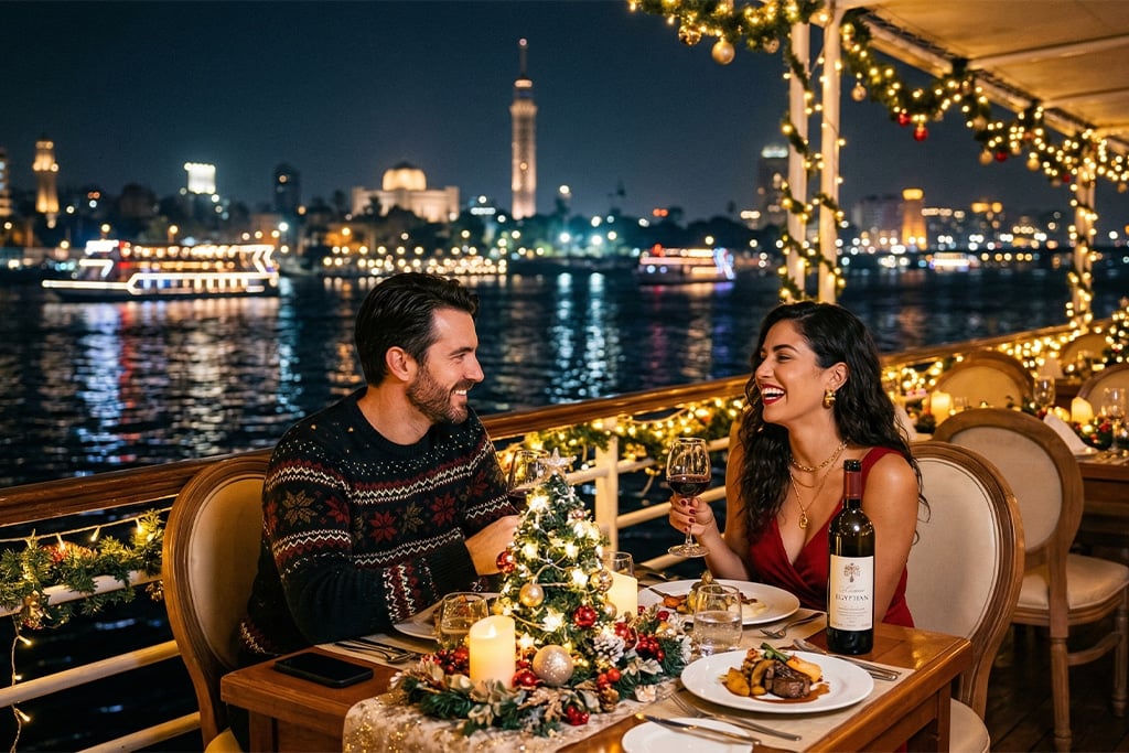 Couple dining on a Nile cruise egypt family tours, 7 day egypt tours