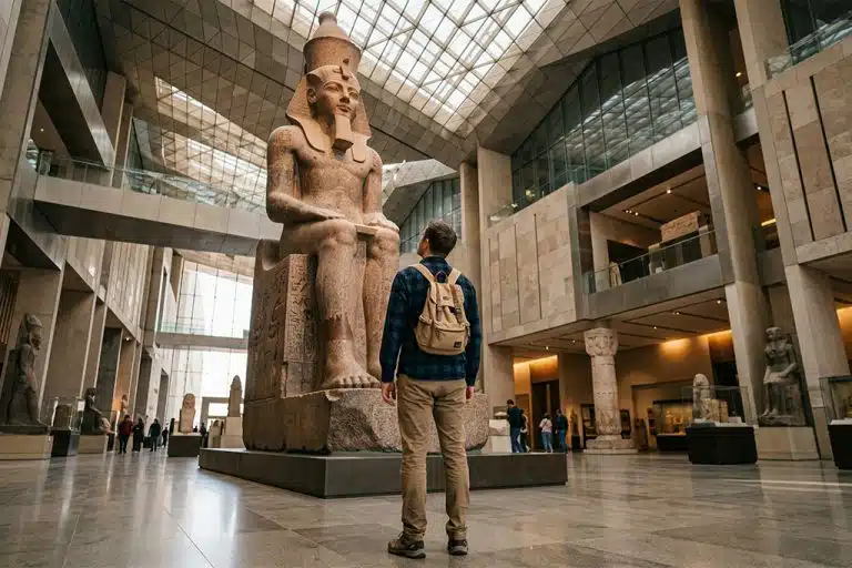 Visitor admiring a statue at Cairo Museum christmas tour 2024, christmas tour bus