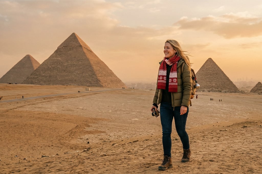 Traveler walking by the Pyramids of Giza egypt family tours, egypt luxury tours