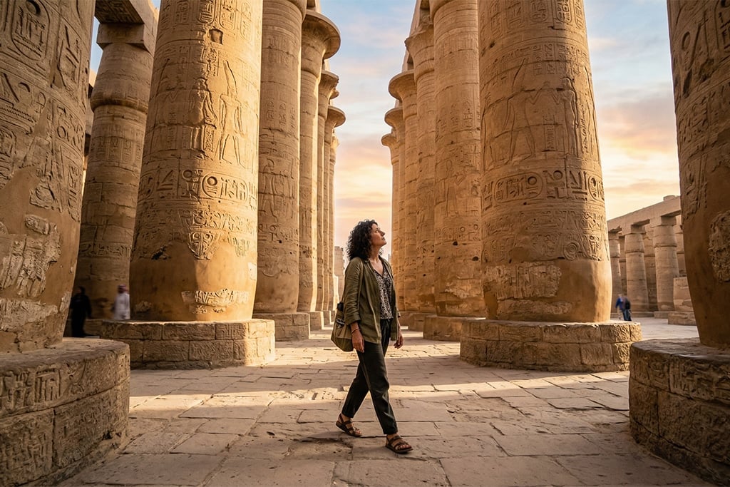 A traveler admiring the columns at Luxor Temple egypt family tours, egypt luxury tours