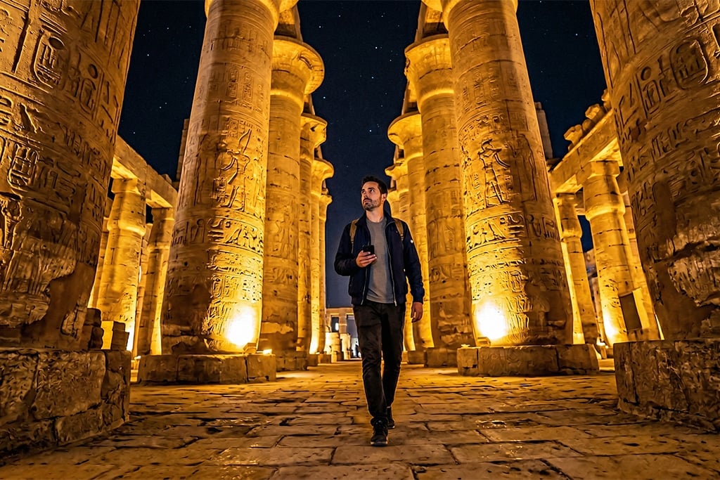 A traveler walking through Luxor Temple at night egypt family tours, egypt christmas tour 2024