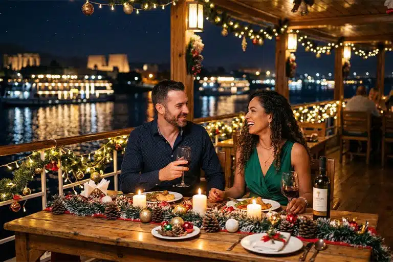 Couple dining on a Nile cruise christmas tour 2024, christmas tour bus