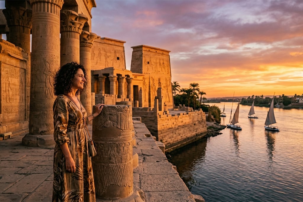Traveler at Luxor Temple during sunset nile cruise egypt, nile cruise luxor aswan
