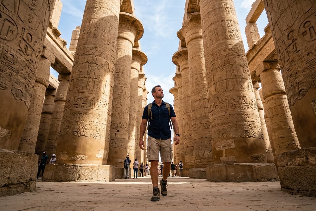 Visitor exploring Karnak Temple nile cruise egypt, nile river dinner cruise