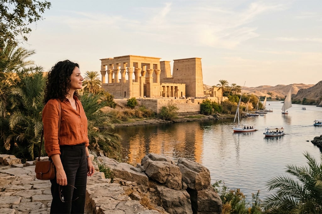 Traveler enjoying views of Luxor Temple nile cruise luxor to aswan, luxor nile cruise