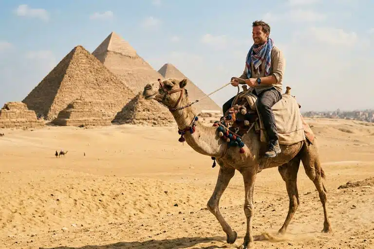 Traveler on a camel near the pyramids, cairo egypt tours, cairo to luxor tour