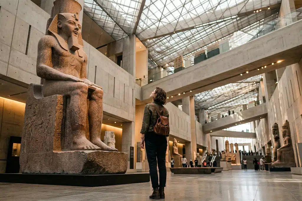 Visitor admiring ancient statue at Cairo museum cairo egypt tours, cairo pyramids tour