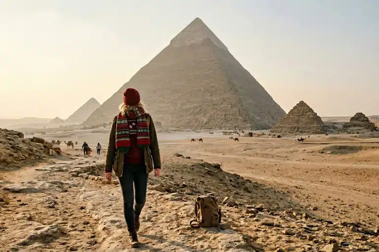 Traveler walking near the pyramids cairo egypt tours, day tours cairo