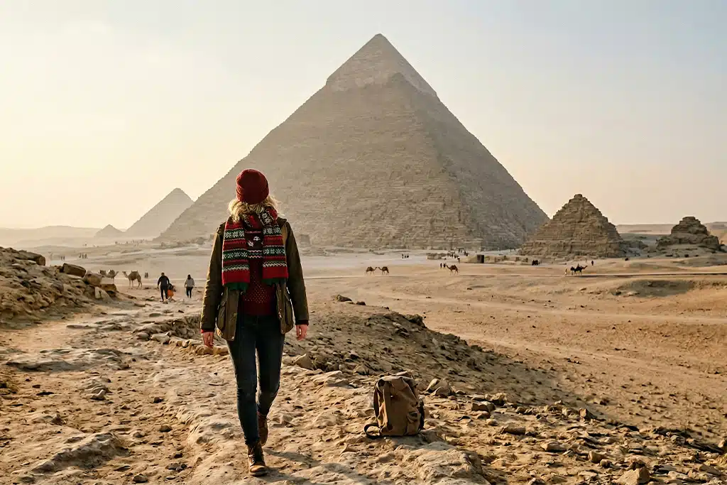 Traveler walking near the pyramids cairo egypt tours, day tours cairo